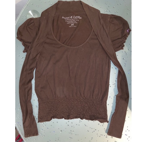 Project E Vintage Brown Short Sleeve Scarf Tie Style Blouse Top Medium - Picture 3 of 9
